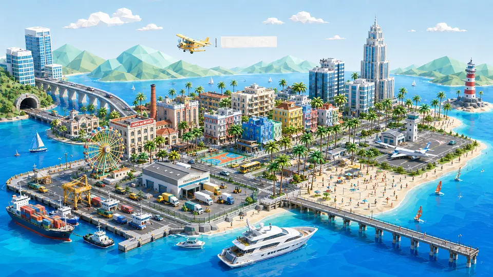Illustrated aerial view of a coastal city: the port with cranes and containers, a seafront promenade lined with palms, blocks of colourful buildings, a beach with bathers, a pier and a lighthouse in the distance.