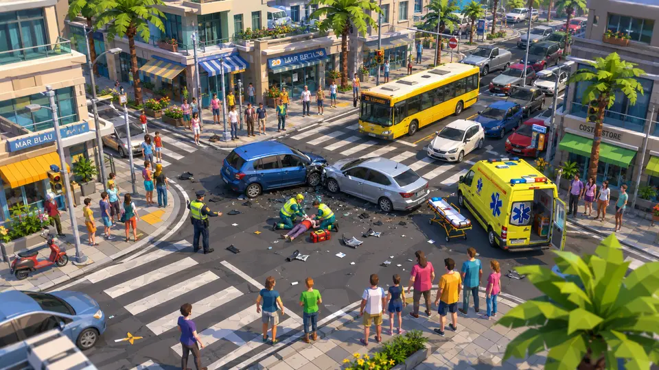 Two cars have collided in the middle of the junction. One person is on the ground being treated by paramedics, a bus is stopped behind them and onlookers line both pavements; traffic is stopped on all four approaches.