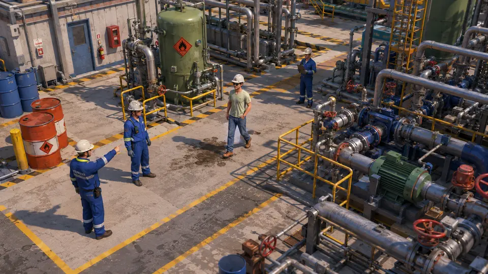 A sunny morning in the pump area. Three workers wear blue flame-resistant coveralls, white helmets and gloves. In the middle of the walkway stands someone with bare arms and legs: they have a helmet, but no flame-resistant clothing. To their left, orange drums are stacked with the flammable-goods diamond on the side, and behind them a green vessel carries the same label. One of the workers is already pointing at them. The camera sees the kit that is missing.