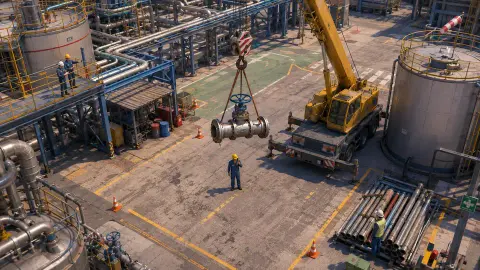 A valve hanging from the crane and a worker right underneath