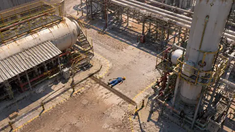 A person on the ground and an empty plant around them